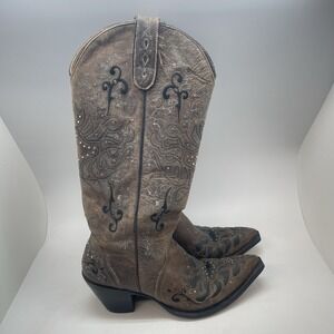 Sterling River Boots Womens 9 Brown Leather Tall Cowboy Silver Studs Embroidered